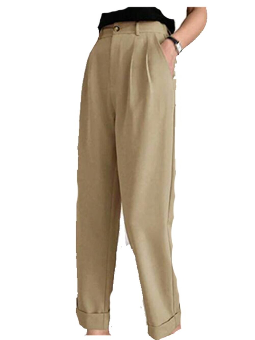 💼Khaki Tan High Waist Pleated Roll Hem Pants Slack Office Work Career